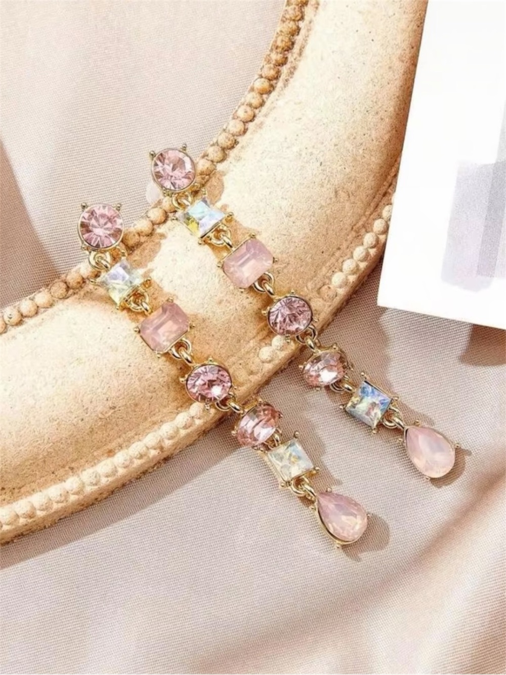 Long Crystal Women’s Dangle Drop Earrings Multi Color Pink Rhinestone Ombré - Picture 3 of 4